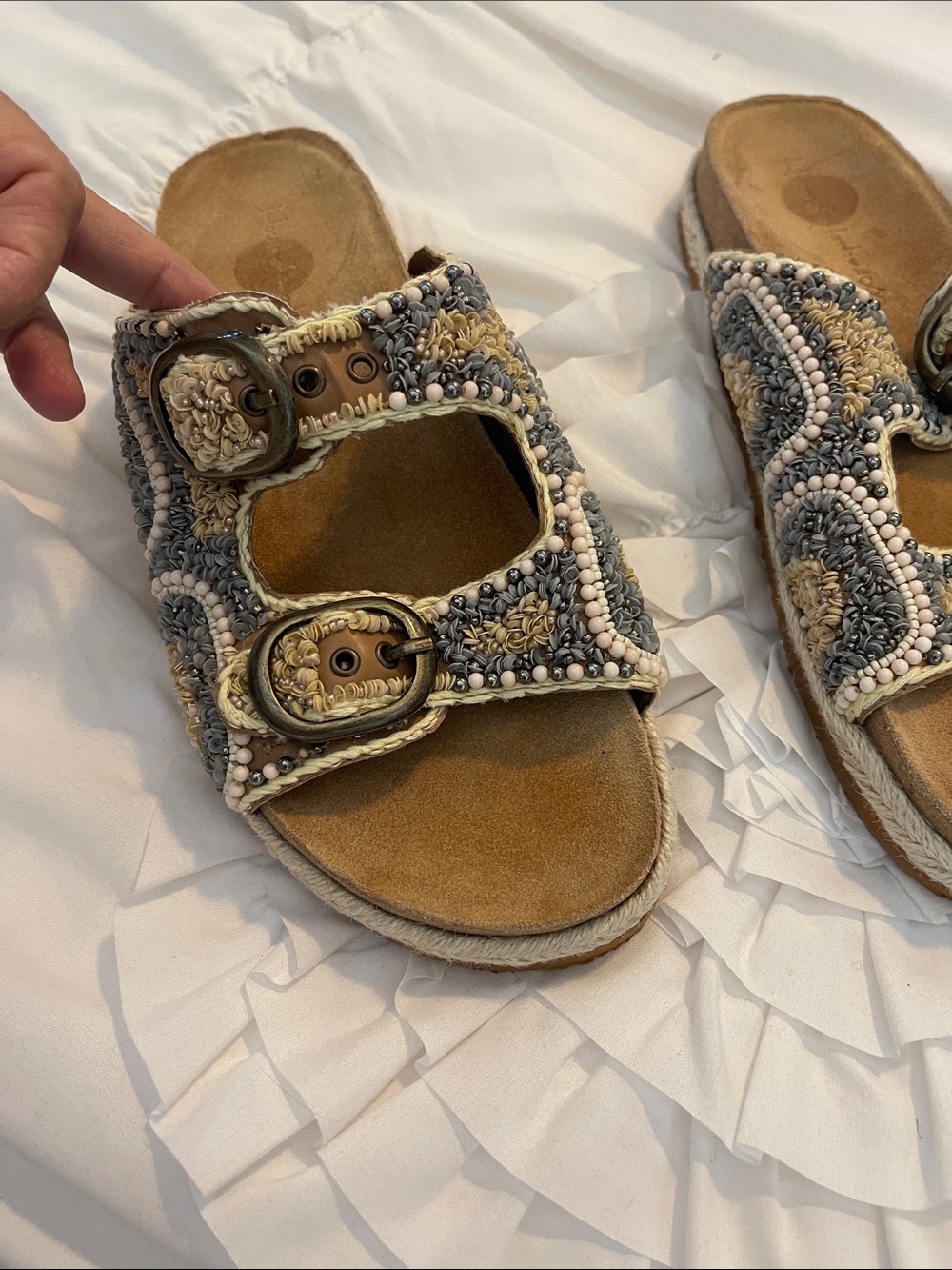 House of Harlow 1960
Beaded Two-Buckle Slide Sandals - Gray & Tan